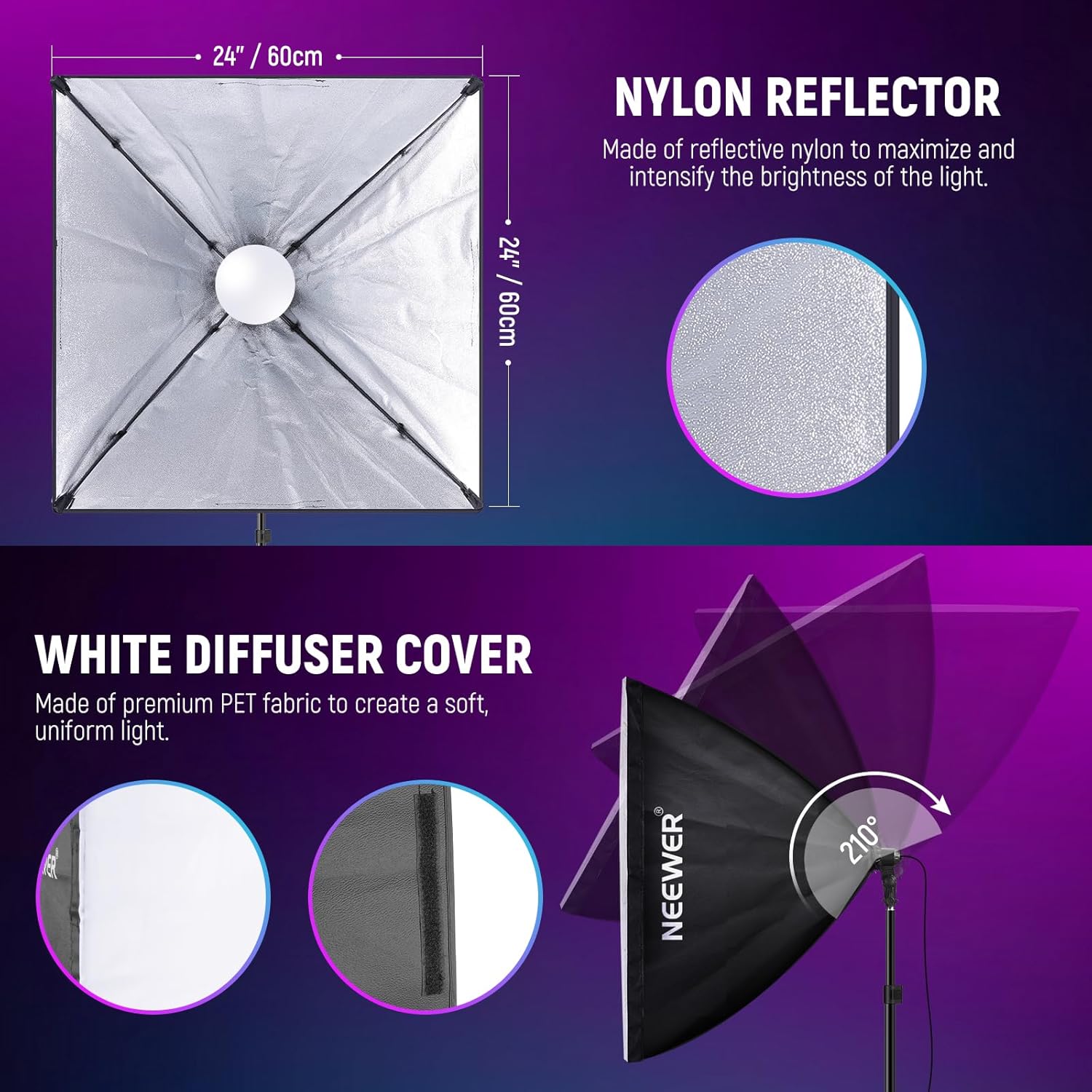 NEEWER RGB Softbox Lighting Kit with App Control & 9 Effect Modes, 2 Pack 26W FCC/IC/UL Certified LED Bulbs CRI93+ TLCI98+, E26 Porcelain Sockets, 24" Softboxes, for Studio Photography Lighting, NK800 - Image 7